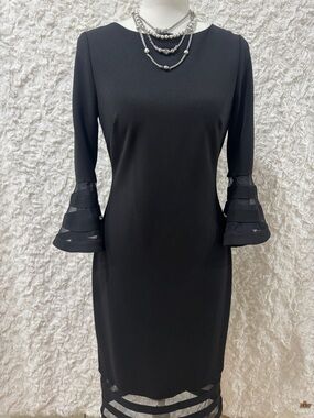 Calvin Klein Black Long-Sleeve Sheath Dress with Tiered Bell Cuffs Black Dress